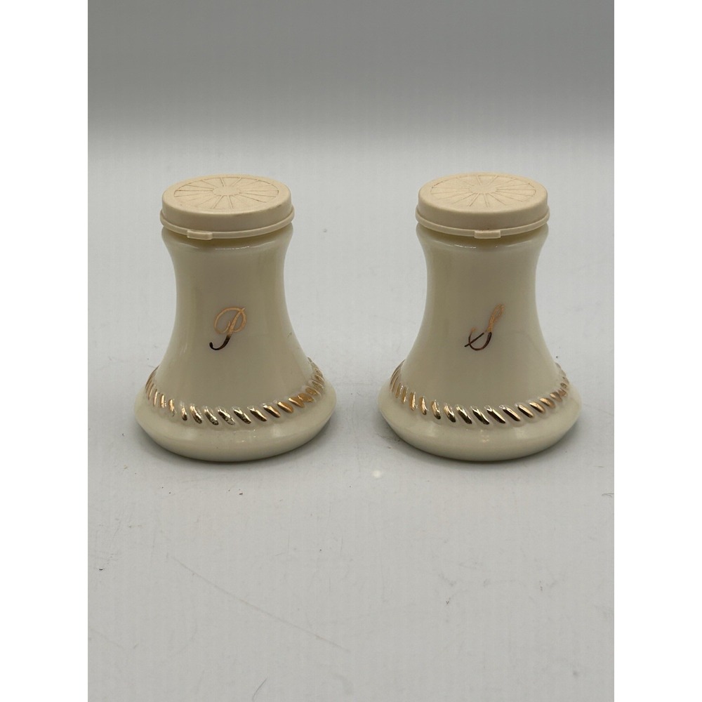 Wheatonware Custard Glass Salt & Pepper‎ Shakers With Lids Gold Trim